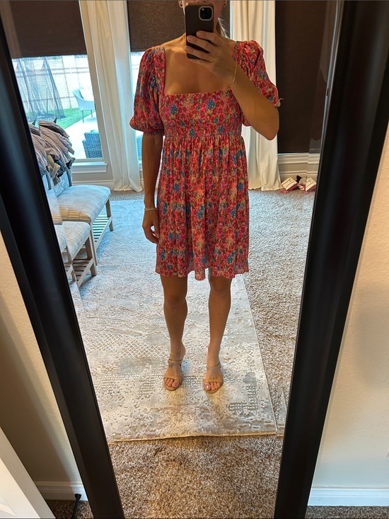 Zara Dresses & Skirts - Zara Hot Pink Floral Square-Neck Puff Sleeve Mini Dress